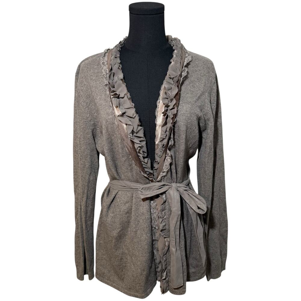 Peck & Peck Cardigan Sweater Wool Cashmere Belted Ruffles Ribbon Brown Size XL